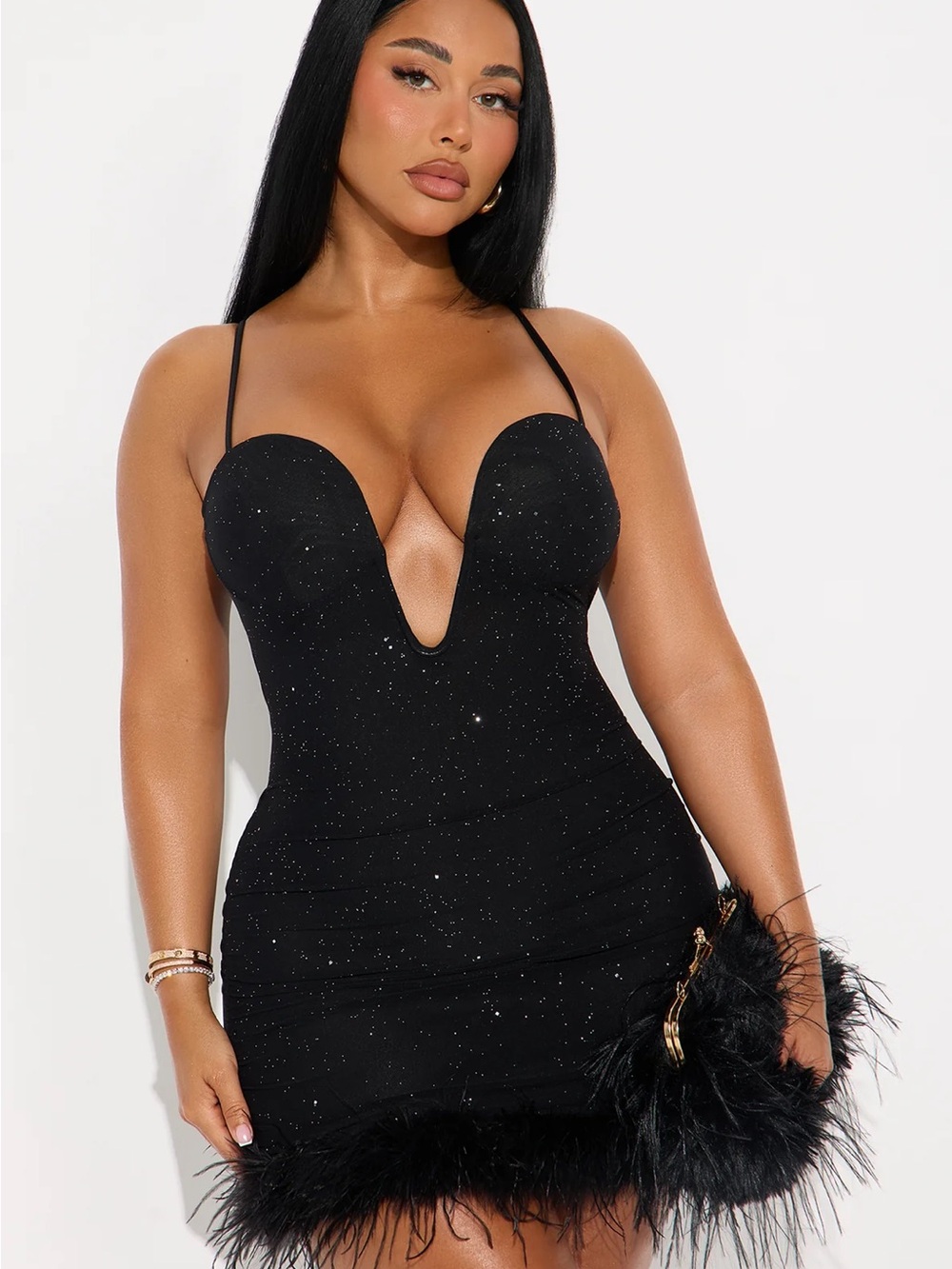 Fashion Nova Isadora Feather Glitter Mesh Micro Mini Dress - Picture 2 of 3